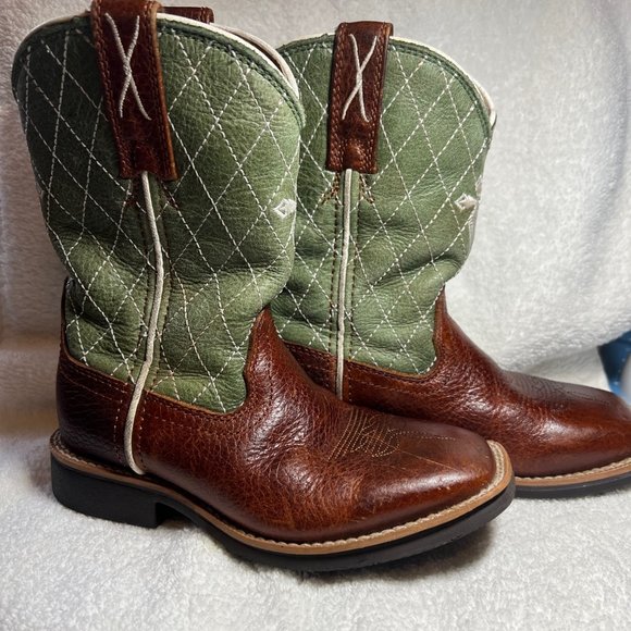 Twisted X Other - Twisted X Brown & Green Cross  Leather Cowboy Boots-Pull on-Embroidered-